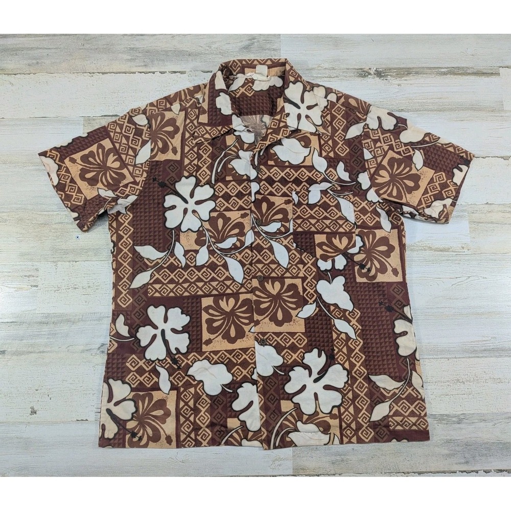 Vintage 60s Royal Hawaiian Shirt Mens XL Floral Loop Collar Brown Retro Cotton
